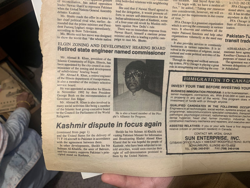 Newspaper clipping about Ahmad Raza being named commissioner in Elgin, Below is information about the Kashmir conflict